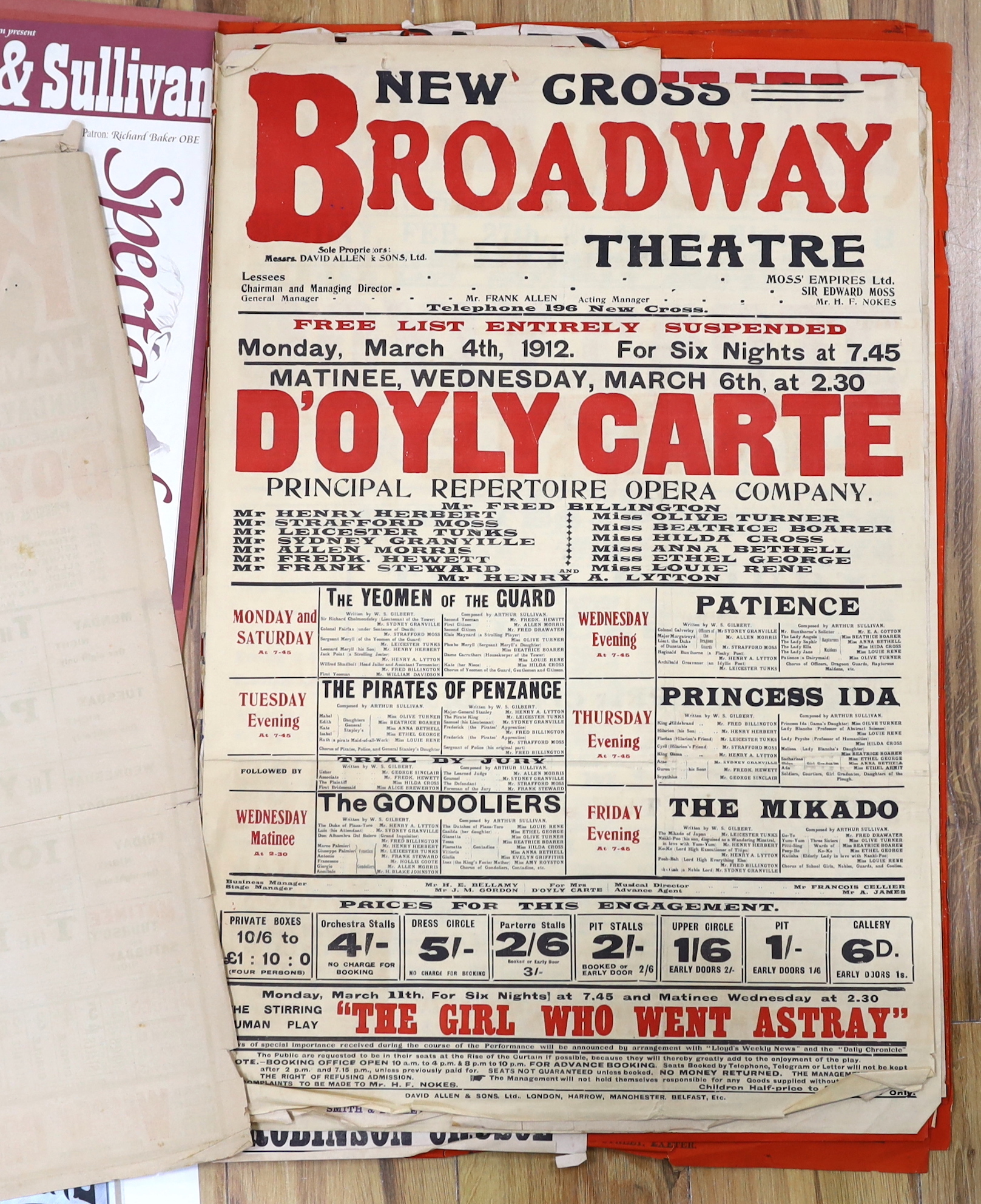 Gilbert & Sullivan and D’Oyly Carte interest; a folder of late 19th century/early 20th century lithograph posters and play bills advertising productions at the Savoy Theatre, King’s Theatre, Broadway Theatre, Fulham Thea